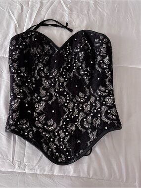 L’impasse Black Lace Beaded Corset Top S-M